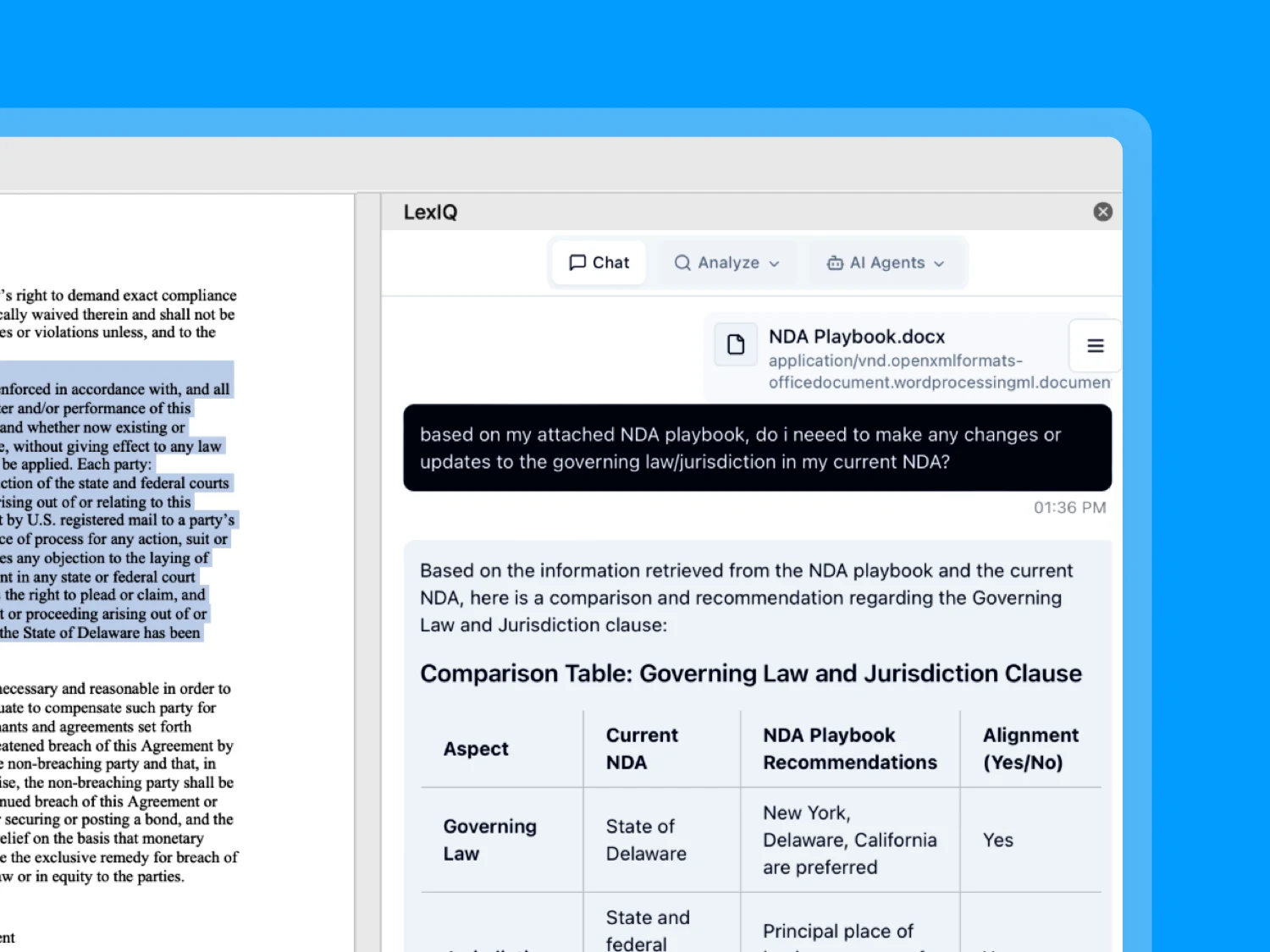 LexIQ chat interface analyzing NDA governing law requirements