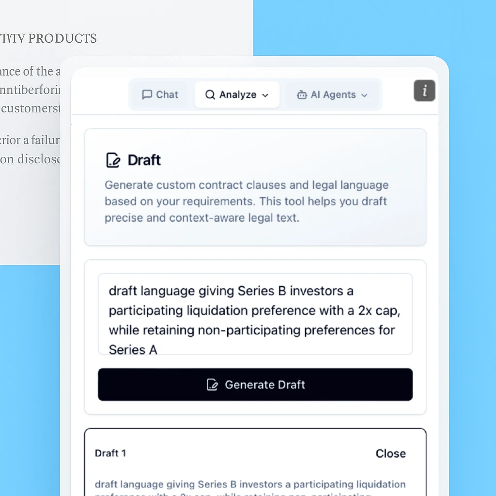 LexIQ draft tool interface showing contract clause generation