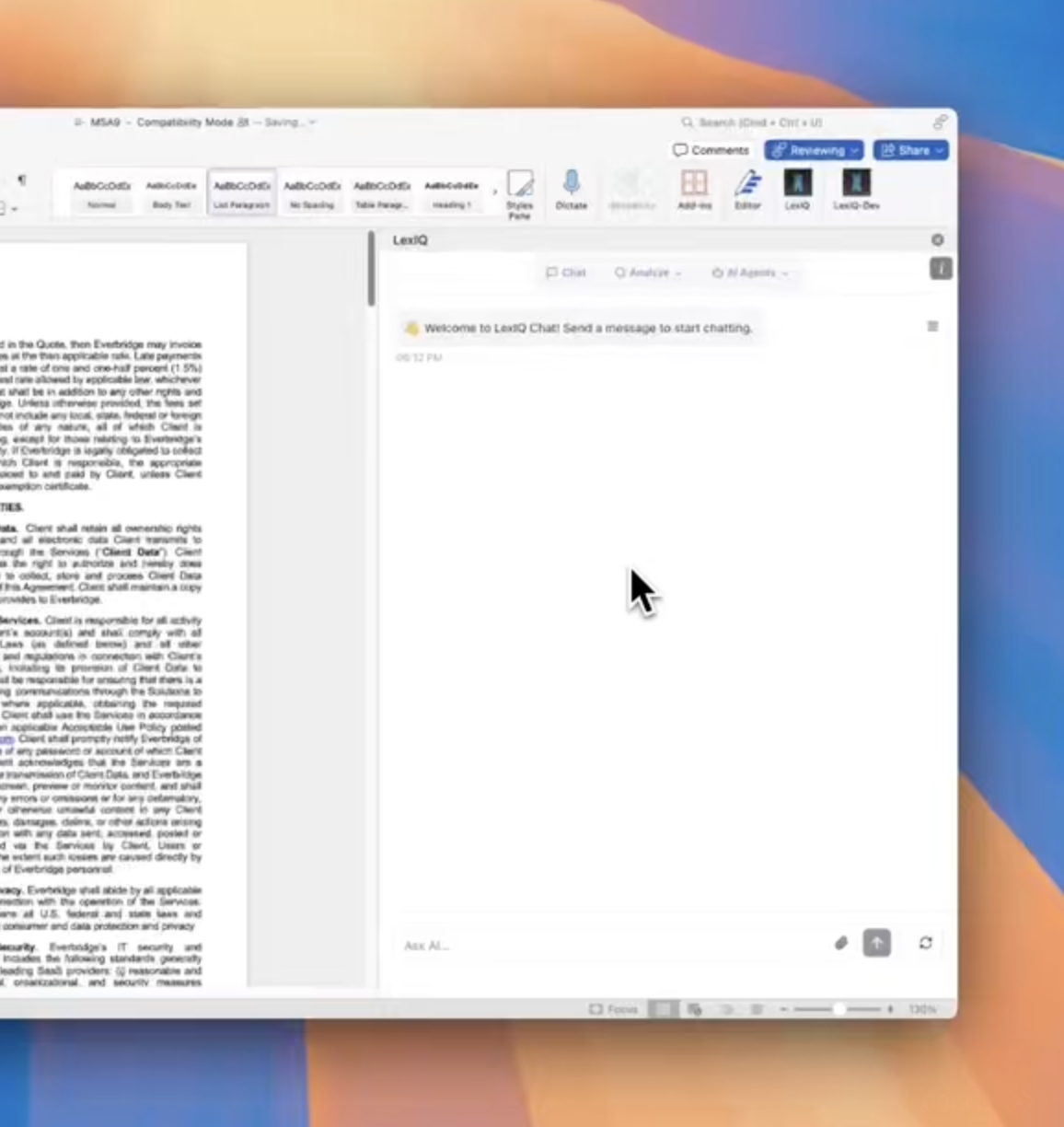 LexIQ interface in Microsoft Word showing chat functionality